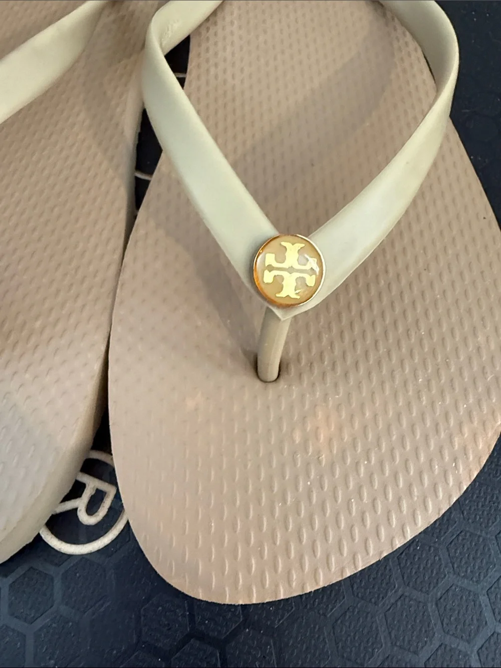TORY BURCH Taupe Flip Flop Sandals with Gold Logo ~ 10/10.5
